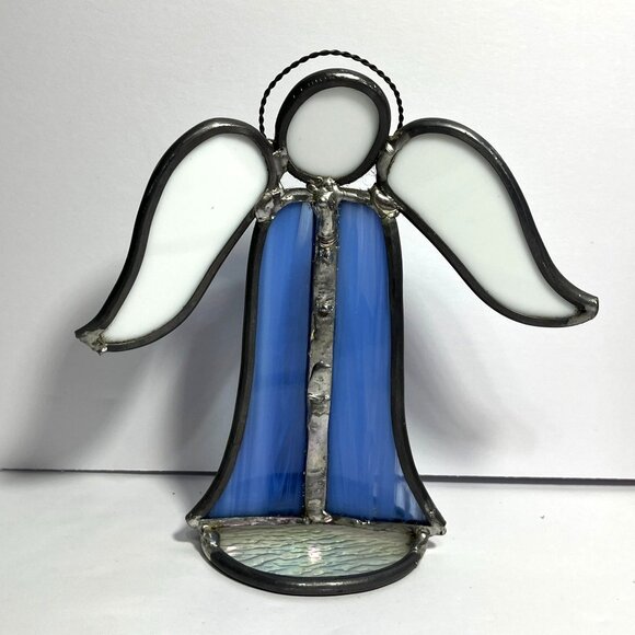 Stained Glass Angel Figurine In Blue & White With Metal Accents - Picture 1 of 7